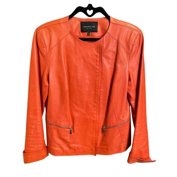 Lafayette 148 New York Dark Orange Zip Up Leather Jacket Womens Medium - Picture 1 of 5